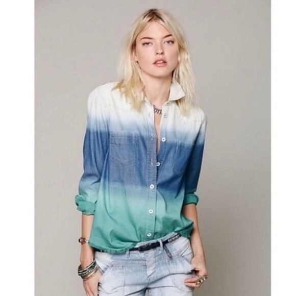 Free People Before Sunrise Ombré Button Down Raw Hem Top - Picture 1 of 10